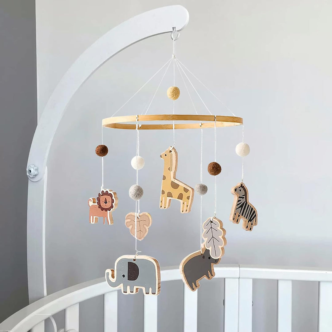 Baby Mobile Baby Windspiele, Babybett Mobile Holz mit Filzbällen Giraffe Löwe Tiere, Hängende Bettgl