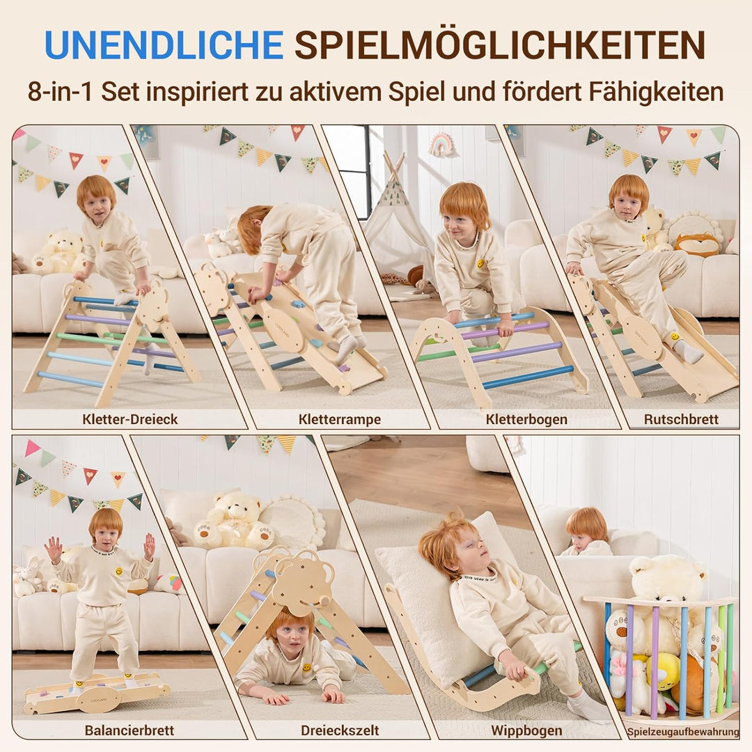 COSYLAND 8-in-1 Montessori Klettergerüst Indoor ab 1 Jahr – Kletterdreieck mit Rutsche, Kletterbogen