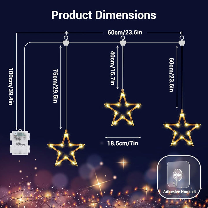 Ulinek Fensterdeko 3 Sterne mit Batteriebetrieb 30 LEDs [1M+0.6M] Sterne Weihnachtsdeko Fenster mit