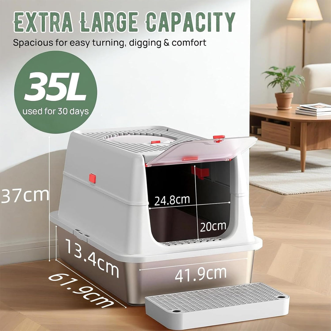 Edelstahl Katzenklo XXL aus V2A – 62 cm Geschlossene Katzentoilette mit 160° Klappdeckel, 3-in-1 Des