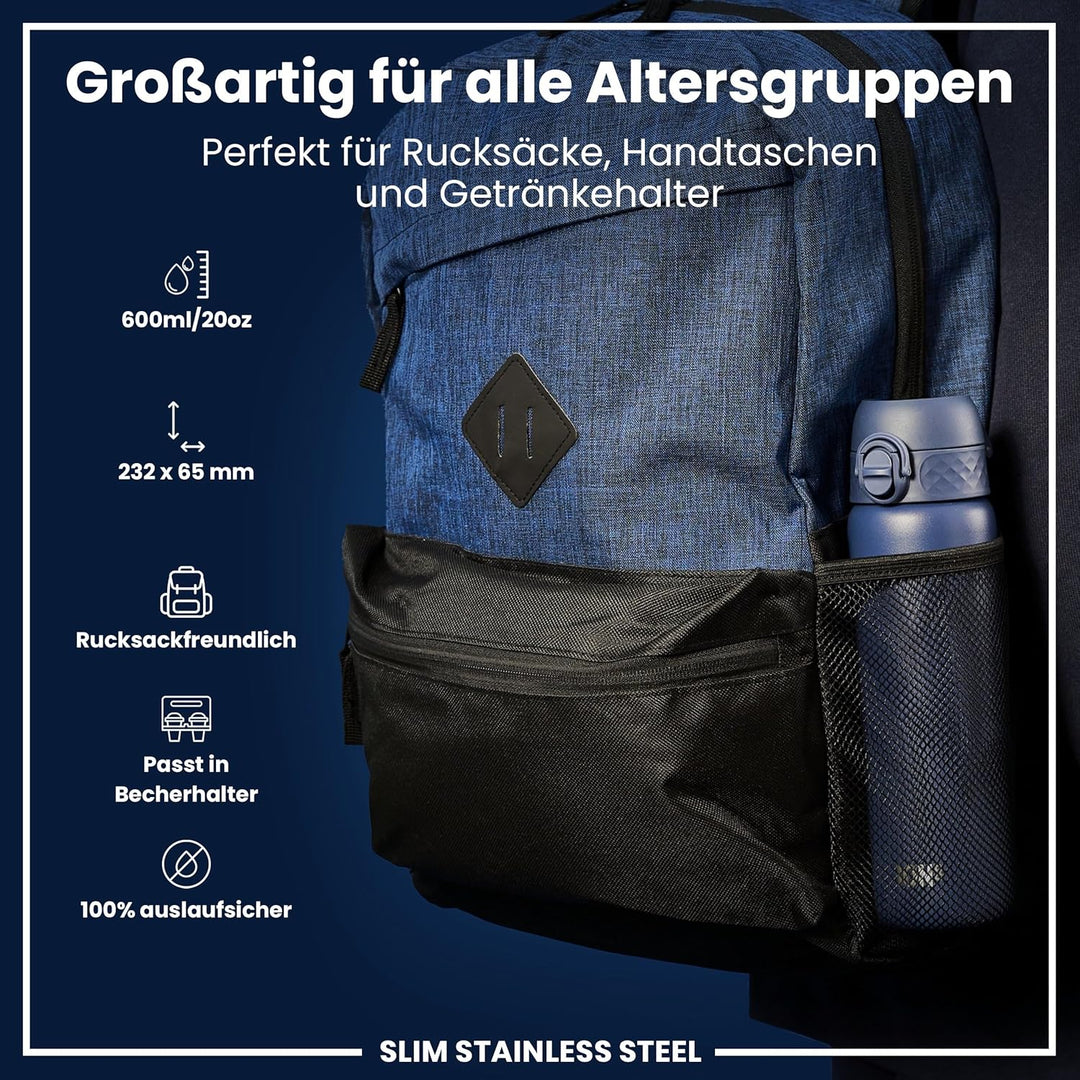 ION8 Leicht Stahl-Trinkflasche, 600 ml, Nicht IsoliertAuslaufsicher, Einhandöffnung, Sichere Verrieg