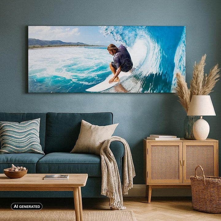 Wandbilder Dekoration Wohnzimmer Surfen Surfer Ozean Welle Panorama Bilder auf Leinwand 120x50cm Lei