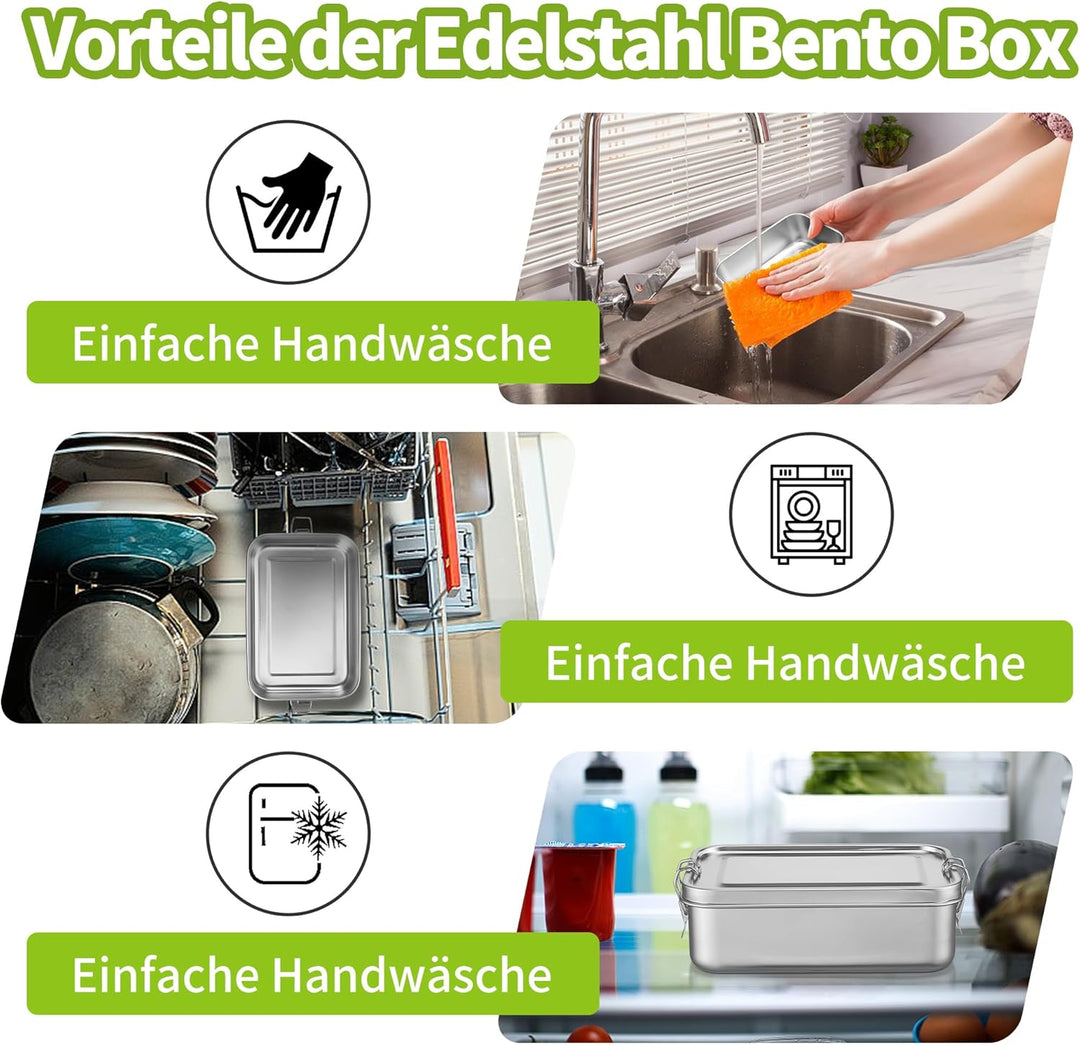 Homikit Edelstahl Brotdose mit 2 Fächern, 1400ml Bento Box mit Tasche für Kinder und Erwachsene, Aus