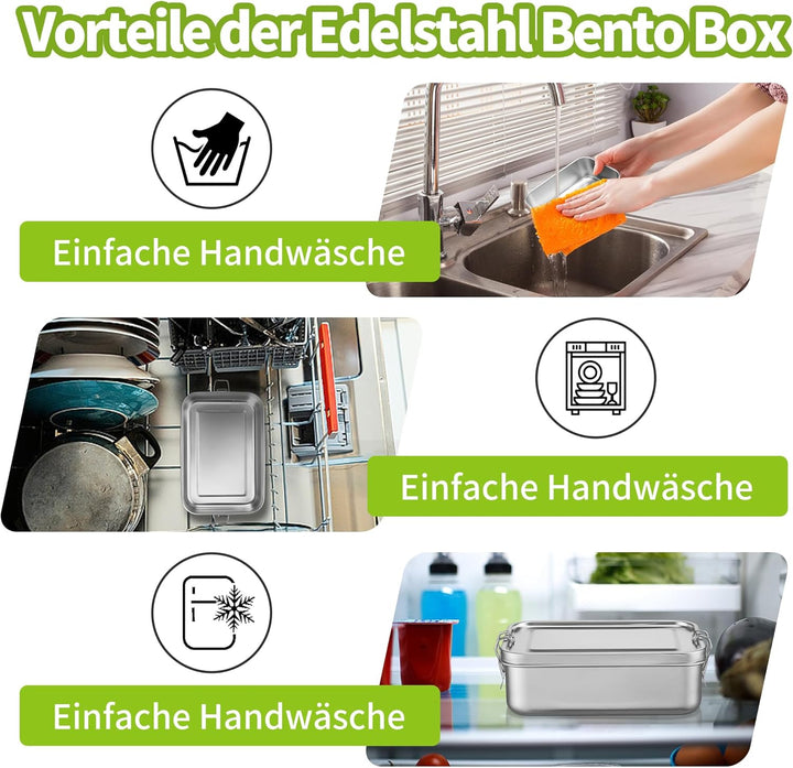 Homikit Edelstahl Brotdose mit 2 Fächern, 1400ml Bento Box mit Tasche für Kinder und Erwachsene, Aus