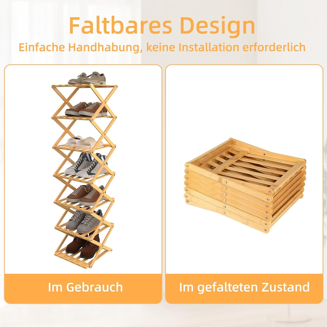 homewell Schuhregal aus Bambus mit 7 Ebenen, vertikales Schuhablage, Faltbares Montagefreies, Schuhr