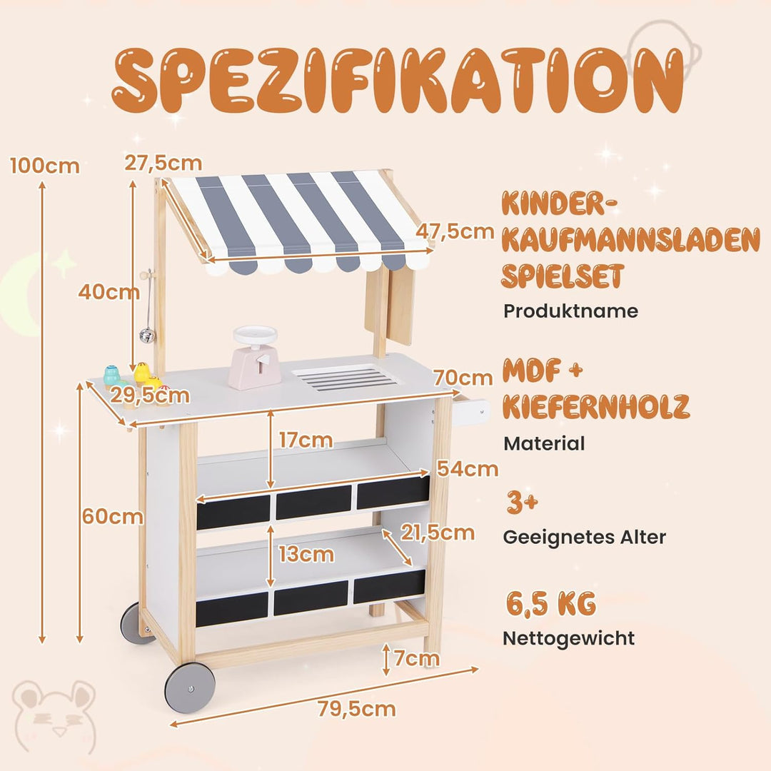 COSTWAY Kinder Eiswagen mit 6 Eiscreme, Kaufladen Holz mit 2 Ablagen, Einkaufswagen auf Rollen, inkl