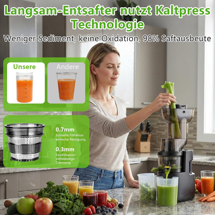 Entsafter Slow juicer 500W mit 98mm Grossem Einfüllschacht,Entsafter Gemüse und Obst Testsieger,Extr