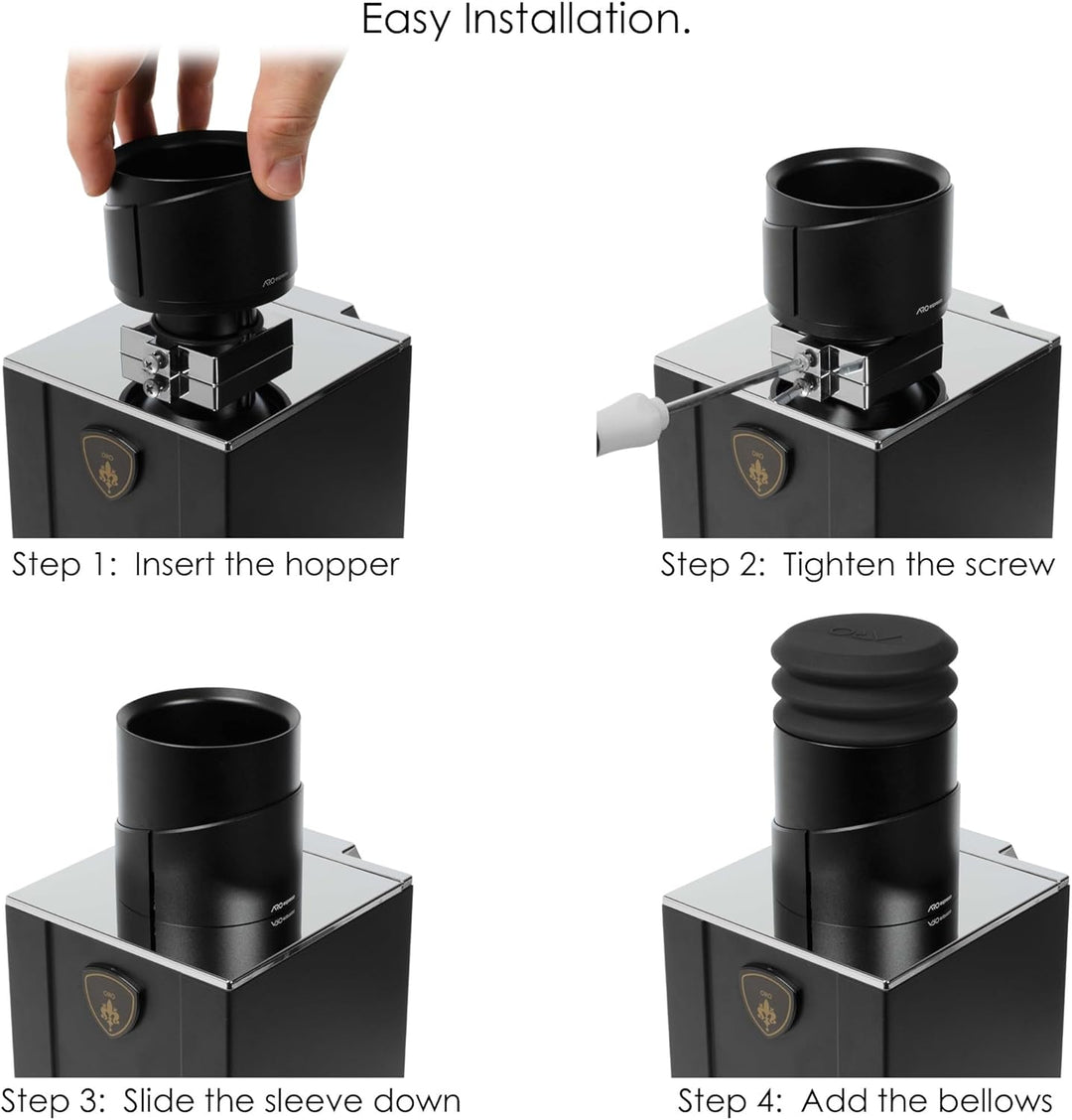 ARO Espresso™ Aluminium-Einzeldosis-Trichter mit Silikonbalg und integriertem Anti-Popcorn-Schaublem