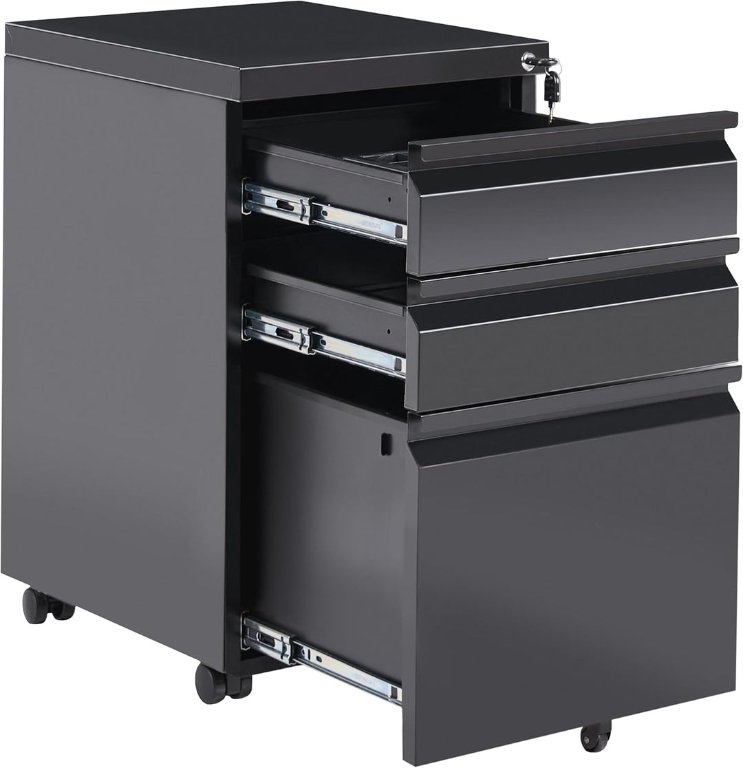 Aktenschrank Metall 3 Schubladen schwarz rollbar abschliessbar Büroschrank Recami