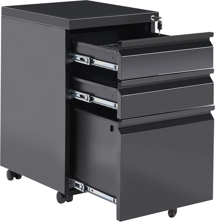 Aktenschrank Metall 3 Schubladen schwarz rollbar abschliessbar Büroschrank Recami