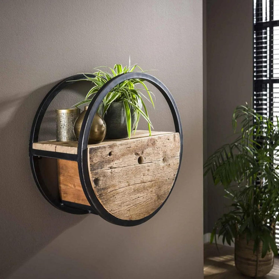 RINGO-Living Rundes Regal Metall & Massivholz mit Schublade, Hängende Kommode aus Hartholz & Metallu