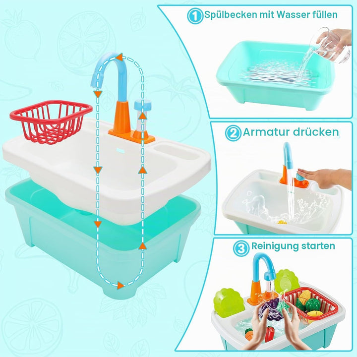 deAO Kinderwaschbecken mit echtem Wasser – Spielküche mit Spüle und Zubehör, Lernspielzeug für Kinde