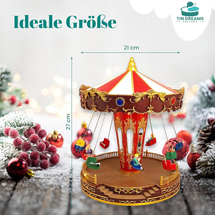 TIN DREAMS FACTORY Weihnachtsdorf mit Beleuchtung und Musik, Led-Karussell Weihnachten, Karussell Sp