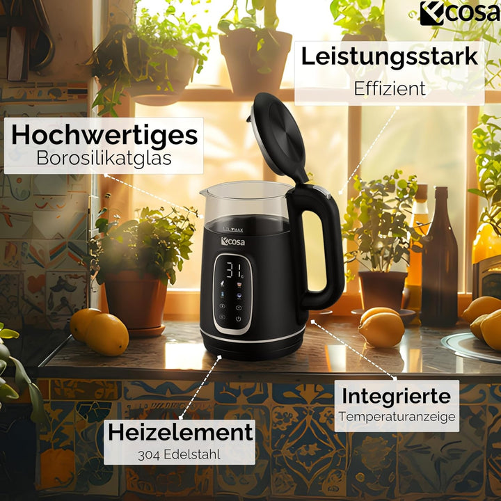 Ecosa® Wasserkocher mit Temperatureinstellung Glas Edelstahl - Teekocher - 1,7 Liter 2.200 Watt - BP