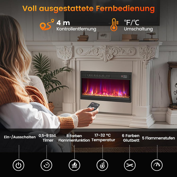 COSTWAY Elektrokamin mit Heizung 1500W, Einbaukamin mit Fernbedienung, 0,5-9H Timer, einstellbare 3D