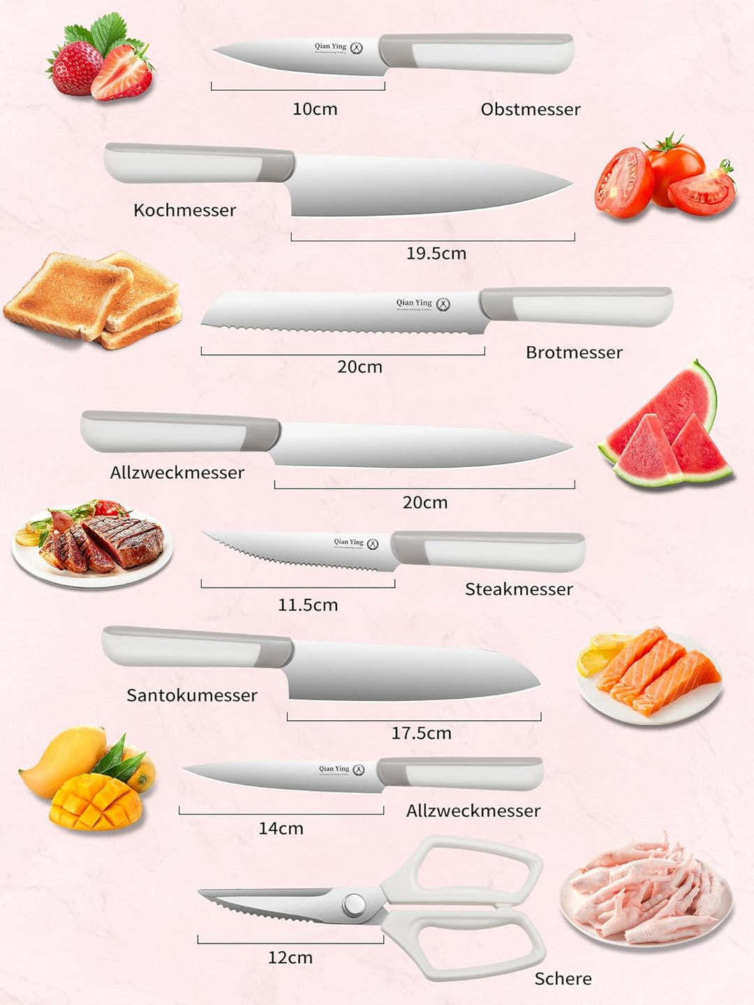 Messerset mit Block Weiss Küchenmesser Set: 14 Teilig Messer Set Fashion Messerblock mit Schärfer Ko