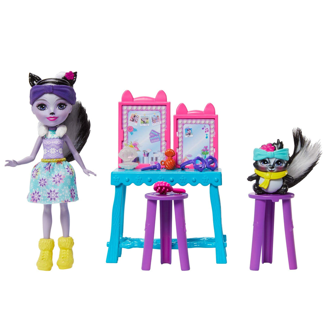Enchantimals GJX34 - Stinktierspass-Frisiertisch mit Sage Skunk & Caper, Spielset für endlosen Schmi