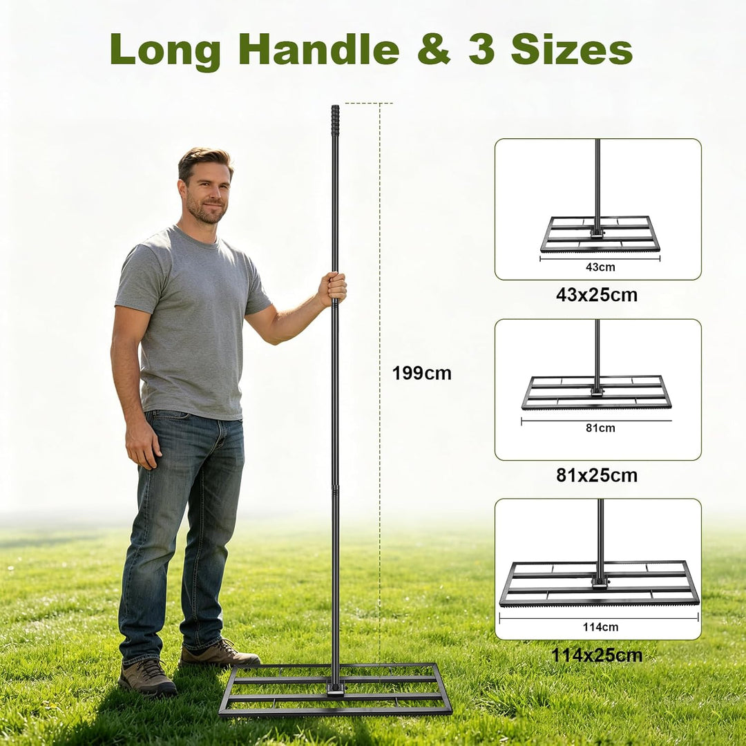Rasen Nivellierrechen 81x25cm mit Gezahnte Seite und 199 cm Langer Griff, 2-In-1 Rasen-Nivelliergera