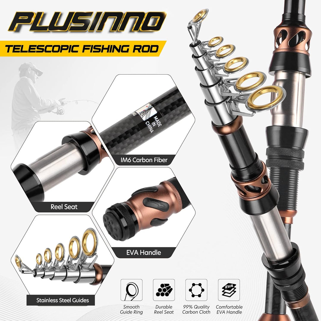 PLUSINNO Angelrute und Rolle Combos – Kohlefaser Teleskop-Angelrute – Spinnrolle 12 + 1 geschirmte K