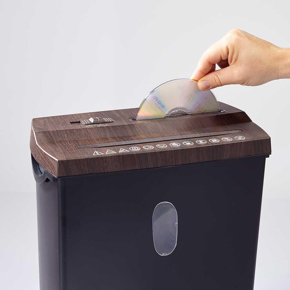 Multifunktions-Aktenvernichter in Holz-Optik – Shredder für Papier, Kreditkarten, CDs/DVDs, 11 l Kap