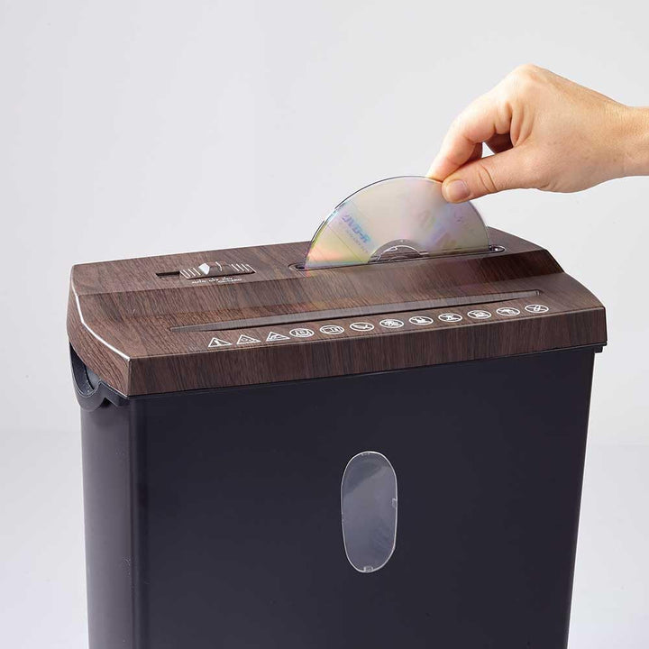 Multifunktions-Aktenvernichter in Holz-Optik – Shredder für Papier, Kreditkarten, CDs/DVDs, 11 l Kap