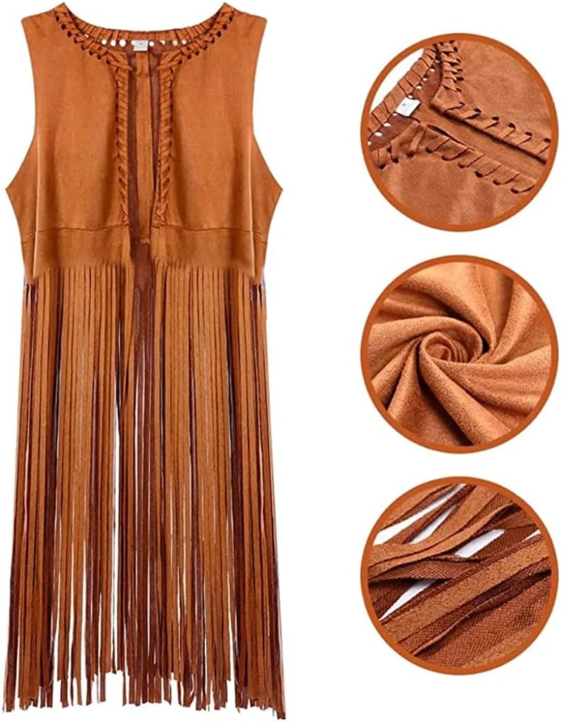 MIMIKRY Weste in Wildleder-Optik mit langen Fransen Kostüm-Zubehör Cowgirl Hippie Indianerin Boho Fe