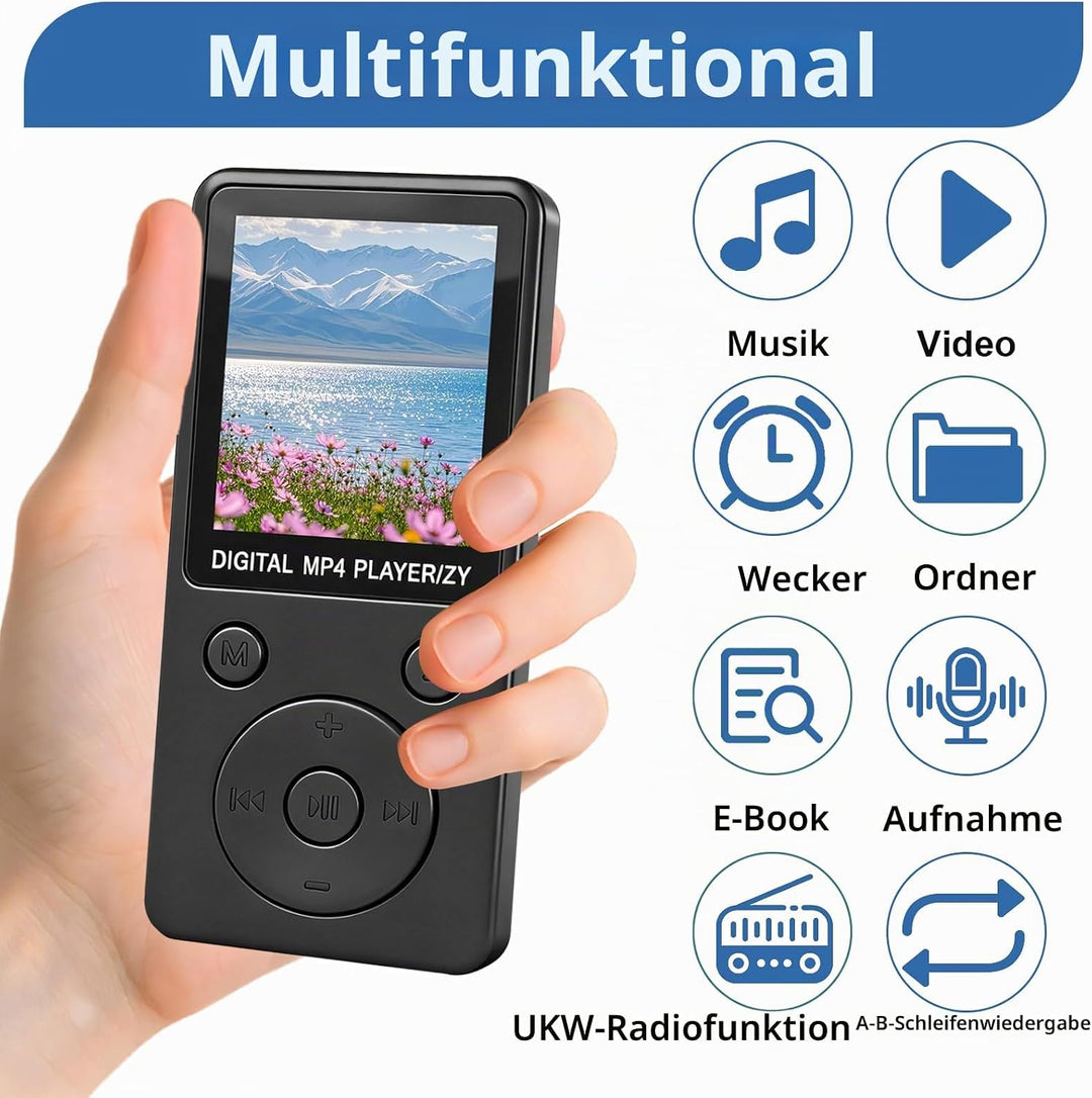 MP3 Player Bluetooth 5.0 32GB mit Lautsprecher, 70 Std Musikplayer Verlustfreier Sound, 1,8 Zoll TFT