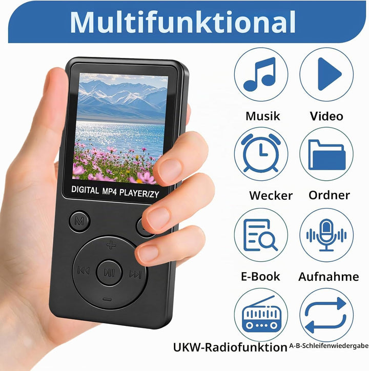 MP3 Player Bluetooth 5.0 32GB mit Lautsprecher, 70 Std Musikplayer Verlustfreier Sound, 1,8 Zoll TFT