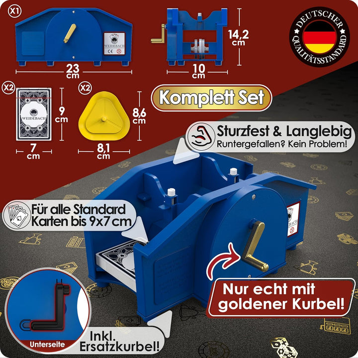 Weidebach® Blaue Kartenmischmaschine mit Goldener Kurbel für alle Standard Kartenspiele, Kartenmisch