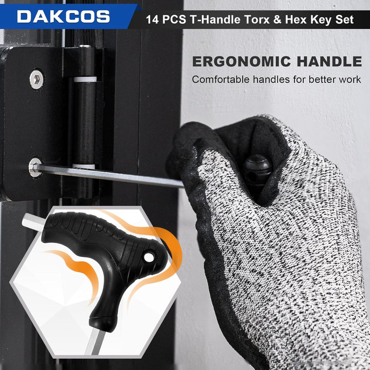 DAKCOS 14 tlg Torx Schlüssel Sechskantschlüssel Set mit T-Griff Innensechskant-Stiftschlüssel Torx-S