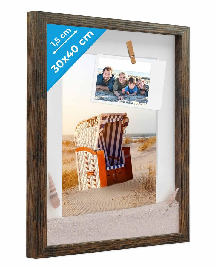 PHOTOLINI 3D Bilderrahmen zum Befüllen 30x40 Eiche dunkel gross, 1,5 cm tiefer Objektrahmen mit Glas