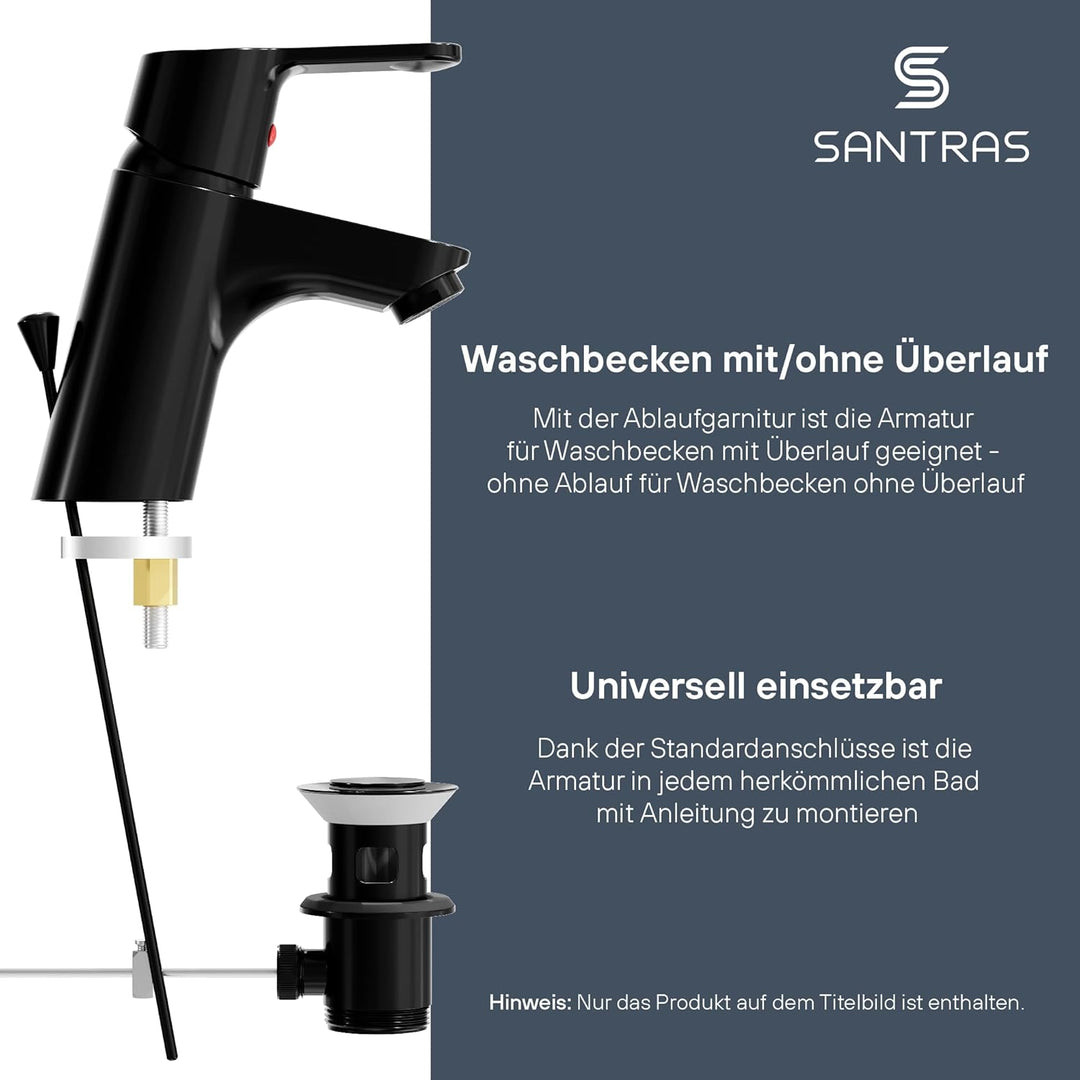 SANTRAS® Waschtischarmatur Bad in Schwarz (RAL 9005, glänzend) mit Zugstange & Exzenter Ablaufgarnit