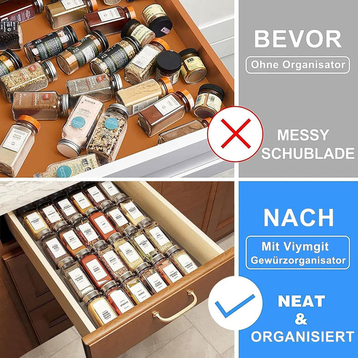 Viymgit Gewürzregal Schublade Organizer mit 28 Gewürzgläser, 348 Gewürzetiketten, 4-stöckiges Klares