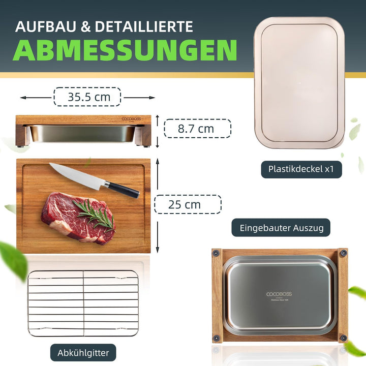 COCOBOSS Schneidebrett Holz mit Auffangschale, 35,5x25x8.7cm Akazien Schneidebrett mit Auffangschale