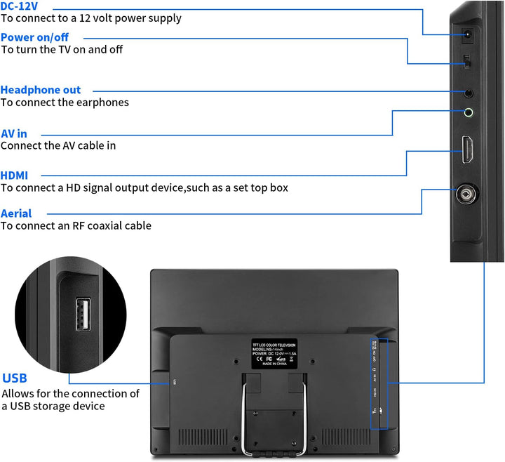 KCR 14.0 Zoll digitaler DVB-T2 tragbarer Fernseher, Freeview, wiederaufladbarer Akku, USB-Anschluss,