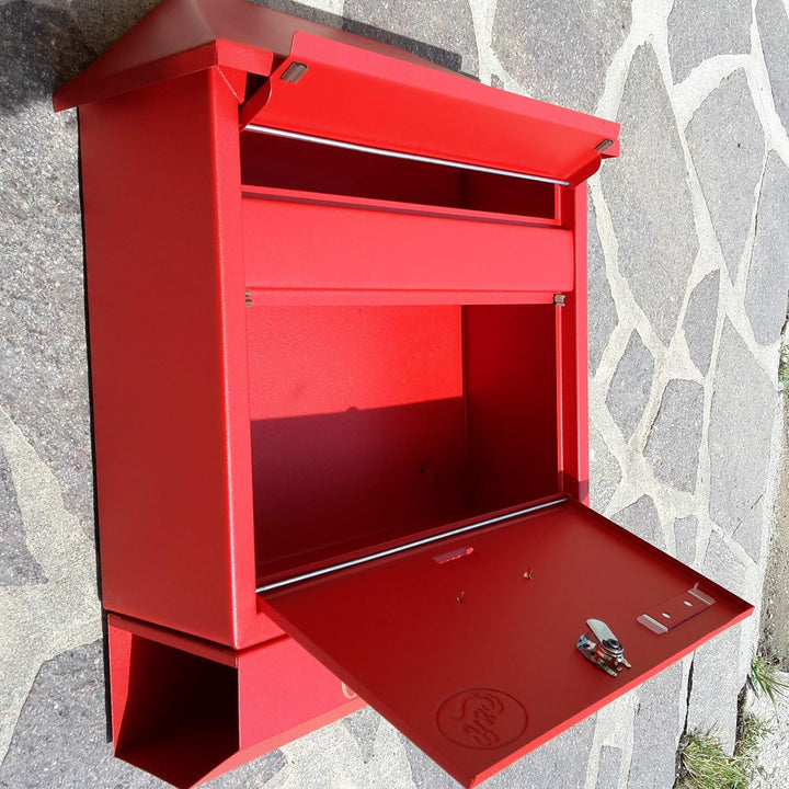 Grosser Briefkasten/Postkasten XXL Rot/Matt mit Zeitungsrolle Zeitungsfach Schrägdach Trapezdach