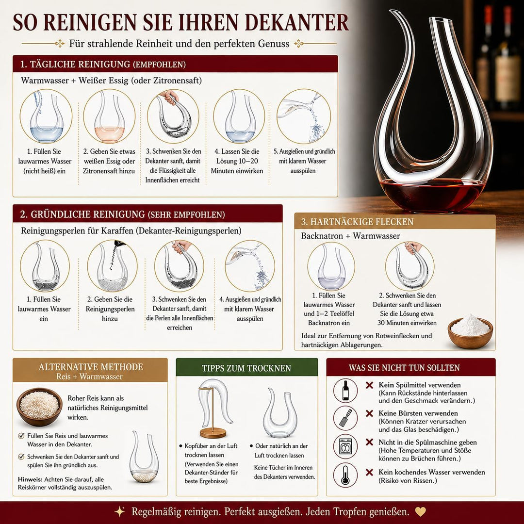 Weinkaraffe, 100 % bleifrei, U-förmig, Kristall, Weinkaraffe, rot, mundgeblasen, 1,5 l