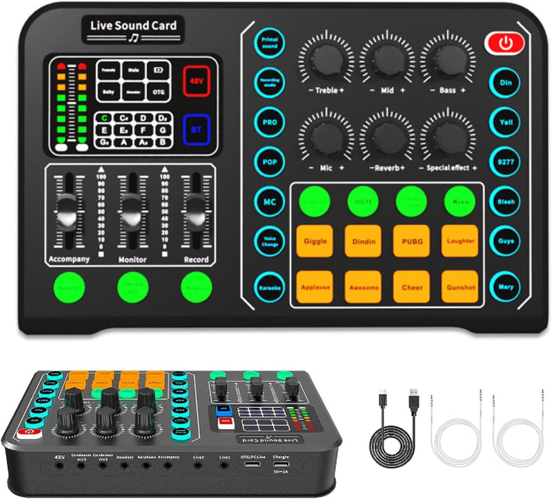 Live-Soundkarte, Bluetooth-Audio-Mixer-Board mit 15 Soundeffekten, Externe Mobile Soundkarte für Liv