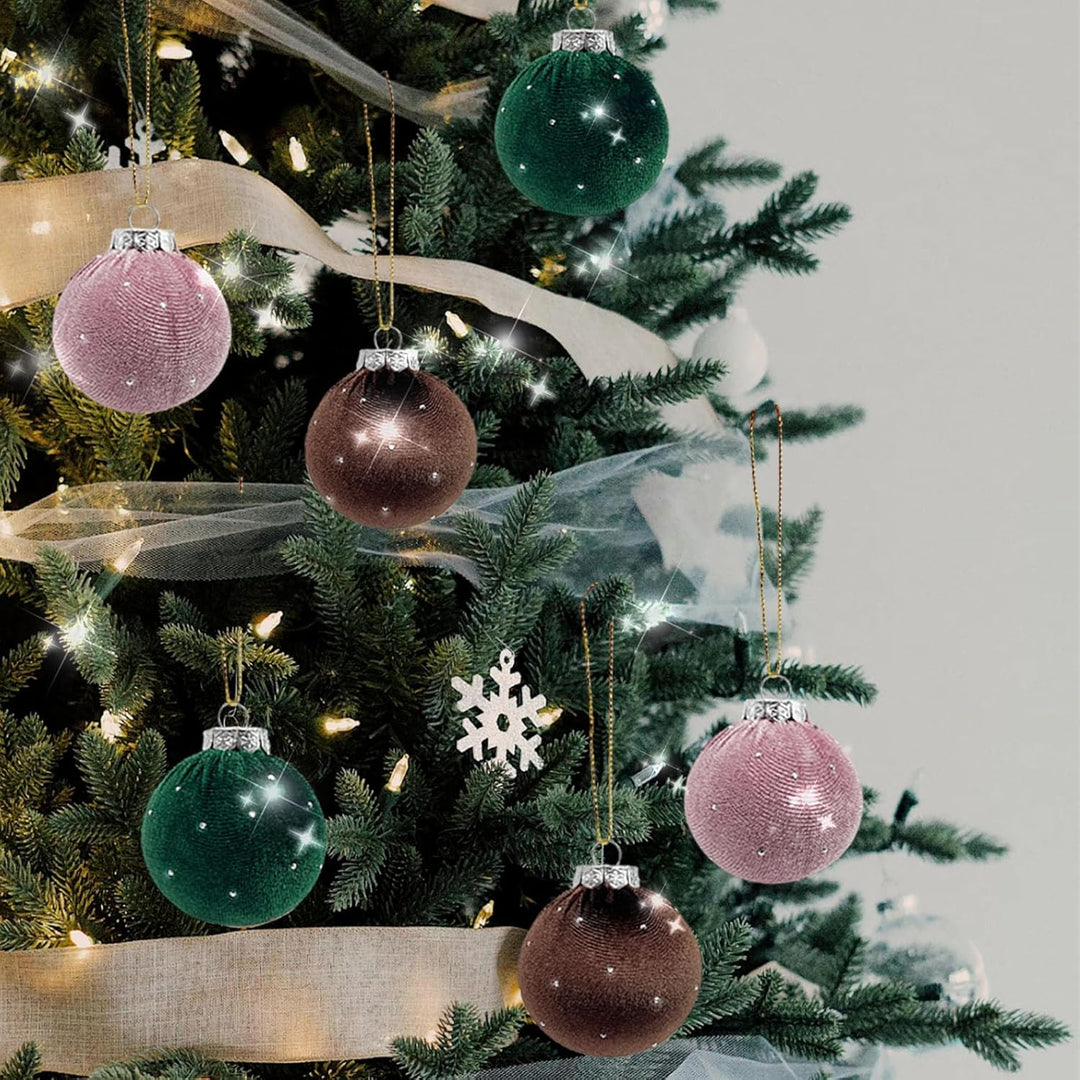 SNAIL GARDEN 12 Stück Glitzer-Samt-Weihnachtskugeln mit Goldenen Schnüren, 6cm Weihnachtsbaum-Dekora