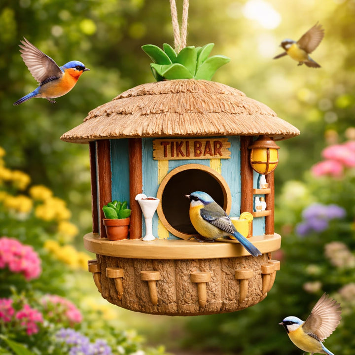 MikaMax Tiki Bar Vogelhaus - Hängendes Vogelhaus - Für Kleine Vögel - Tropische Gartendeko - Wetterf