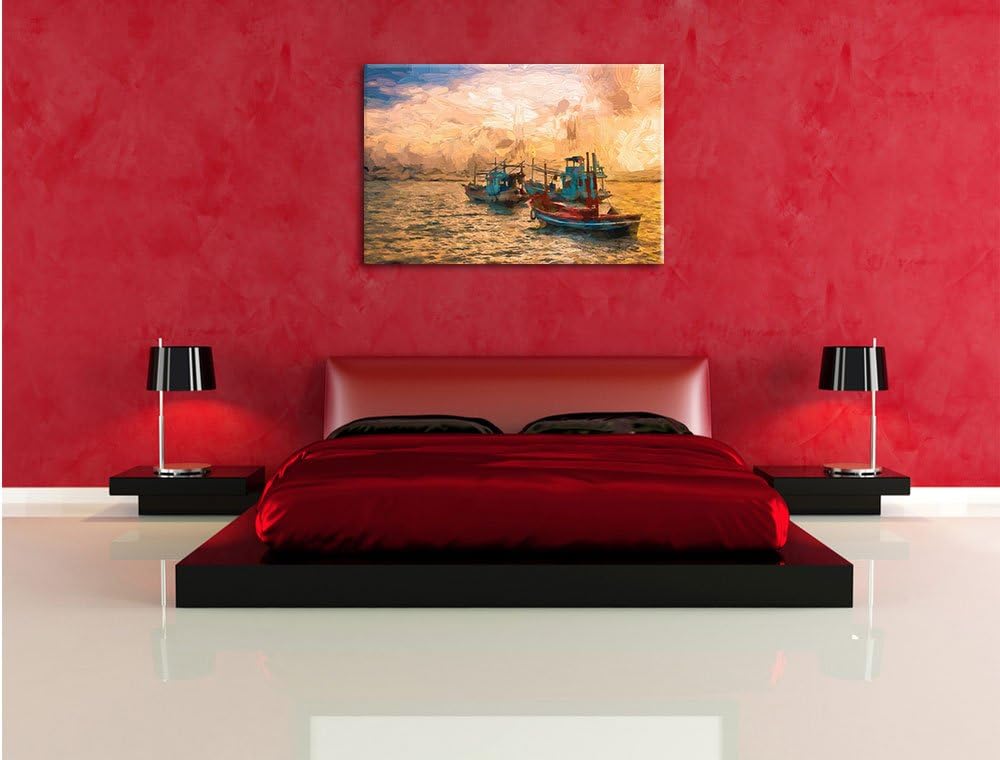 Pixxprint thailändische Fischerboote im Meer Kunst Pinsel Effekt, Format: 100x70 auf Leinwand, XXL r