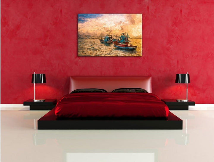 Pixxprint thailändische Fischerboote im Meer Kunst Pinsel Effekt, Format: 100x70 auf Leinwand, XXL r