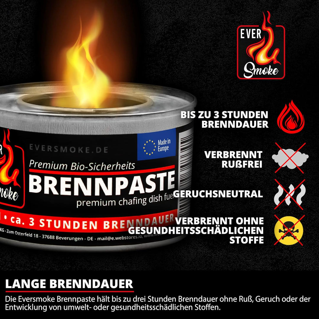 96x Eversmoke Sicherheits Premium Bio Brennpaste Brenngel Chafing Dish Speisenwärmer (96 Dosen je 20
