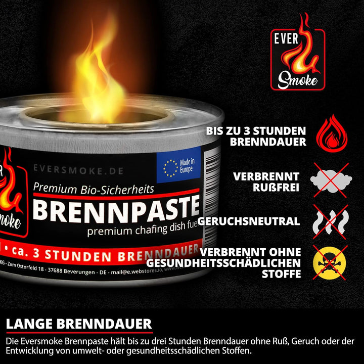 96x Eversmoke Sicherheits Premium Bio Brennpaste Brenngel Chafing Dish Speisenwärmer (96 Dosen je 20