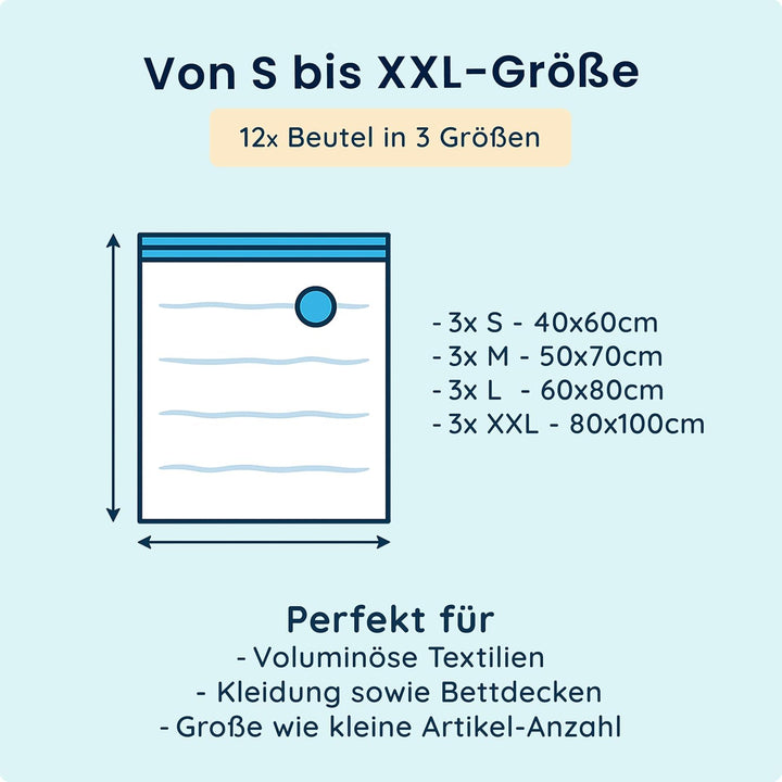 Die Vakuumbeutel für Kleidung und Bettdecken von figg (12er Set) - 12 Vakuumierbeutel inkl. 12 Etike