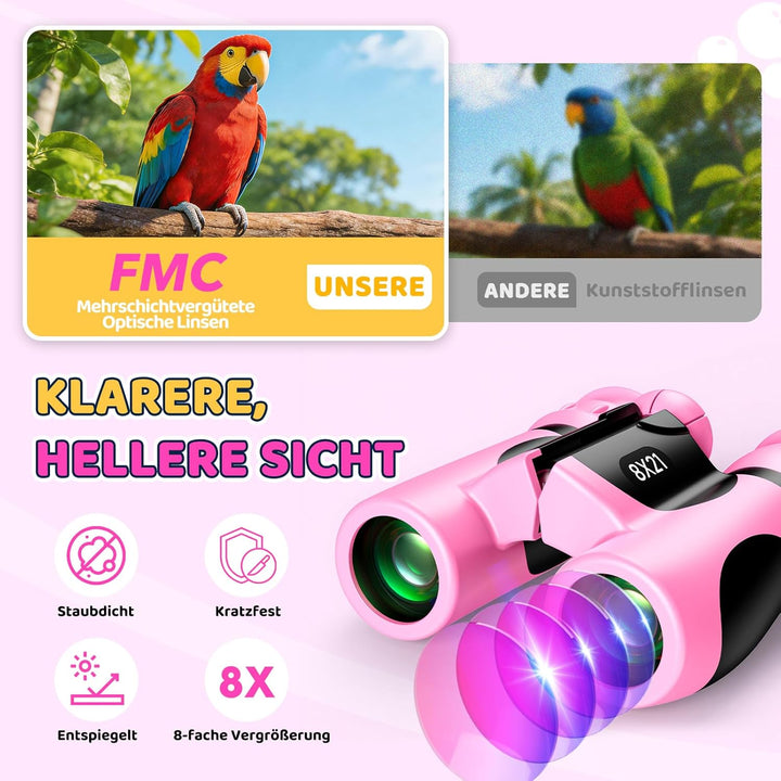 Fernglas für Kinder 8X21 mit Lupe & Kompass & Entdeckerkarten - Geschenk Mädchen 3-10 Jahre, Outdoor