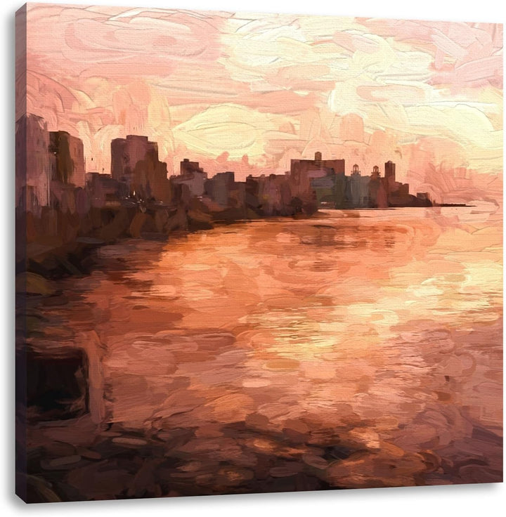 Pixxprint Stadt am Wasser, Format: 70x70 auf Leinwand, XXL riesige Bilder fertig gerahmt mit Keilrah