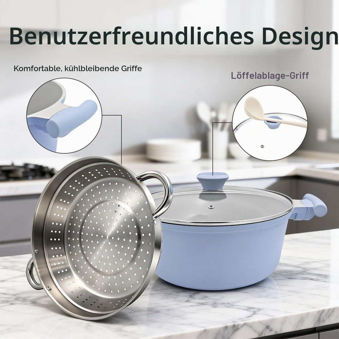 AIKENBBKK Kochtopf 28cm mit Dampfkorb, 7L Keramik-Dampfkochtopf mit Deckel, Antihaft Schmortopf für
