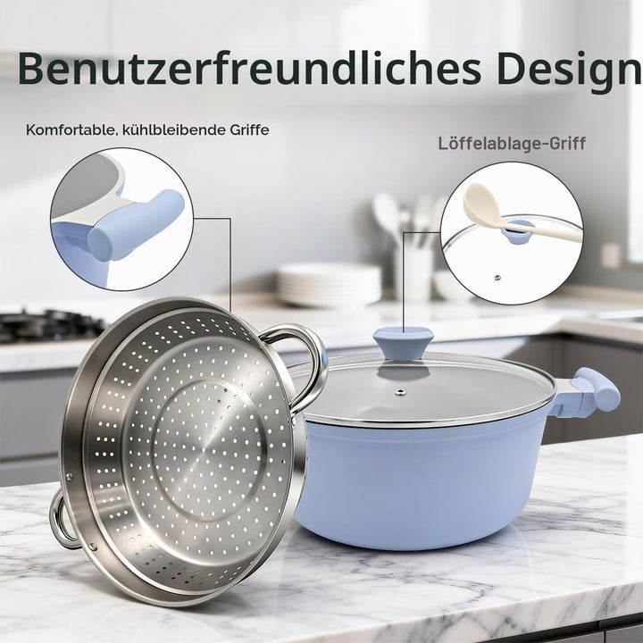 AIKENBBKK Kochtopf 28cm mit Dampfkorb, 7L Keramik-Dampfkochtopf mit Deckel, Antihaft Schmortopf für