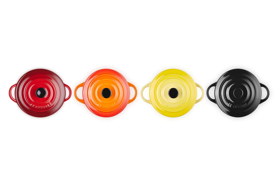 Le Creuset 4er-Set Mini Cocottes aus Steinzeug, je 200 ml, 10 x 5 cm, Feuer und Flamme (Gelb/Kirschr